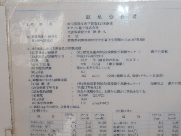 道の駅あぐりーむ昭和の温泉成分表